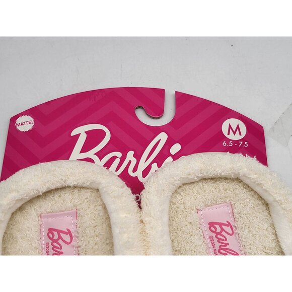 Barbie Womens White Plush Round Toe Casual Cozy Fuzzy Slip On Slippers Size M - Picture 2 of 5